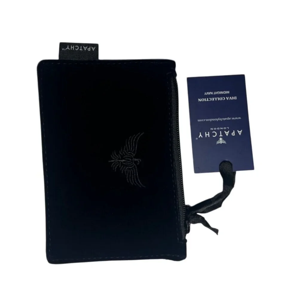 Apatchy London Small Black Velvet Coin Purse With Embroidered Logo & Zipper Clos - Picture 2 of 8